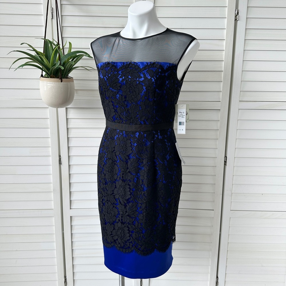 New Eliza J Missy Cobalt‎ Blue Black Lace Overlay Sheath Dress Cocktail Size 6
